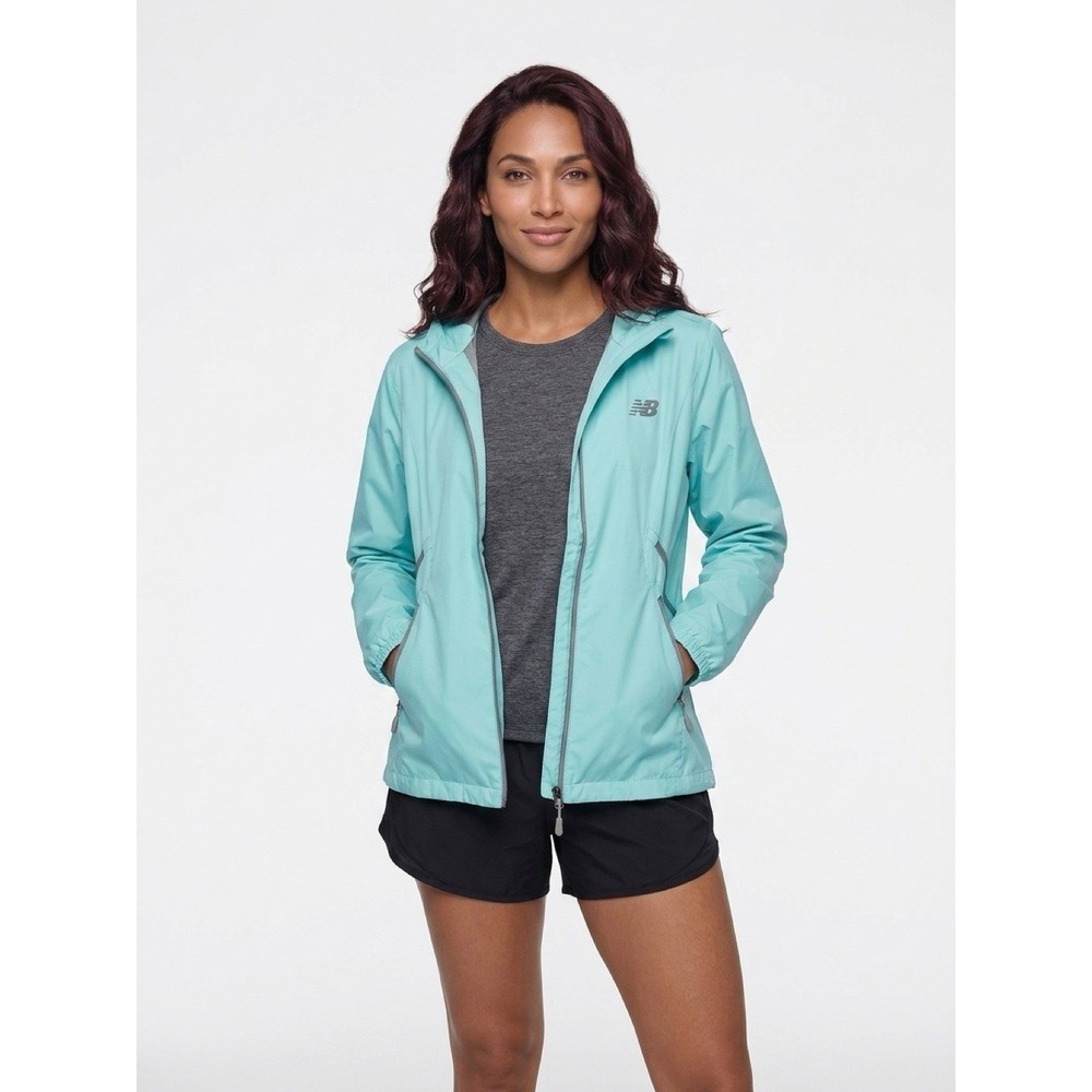 New Balance Hooded Windbreaker Jacket Women LG Teal Mesh Lined Full Zip RN130893